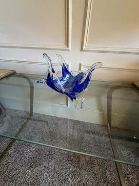 Murano Style Freeform Cobalt Blue and Clear Glass Decorative Centerpiece Bowl